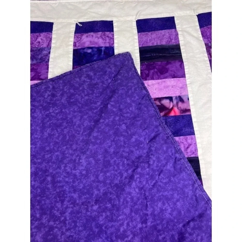Handmade Purple Batik Patchwork Quilt Striped Tie Lap Blanket Wall Hanging 42x37